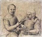 Old Woman Studing the Alphabet with Laughing Girl